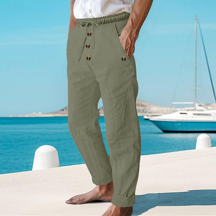 Pantalon en coton pour homme avec poches et boutons de couleur unie et cordon de serrage - image 28
