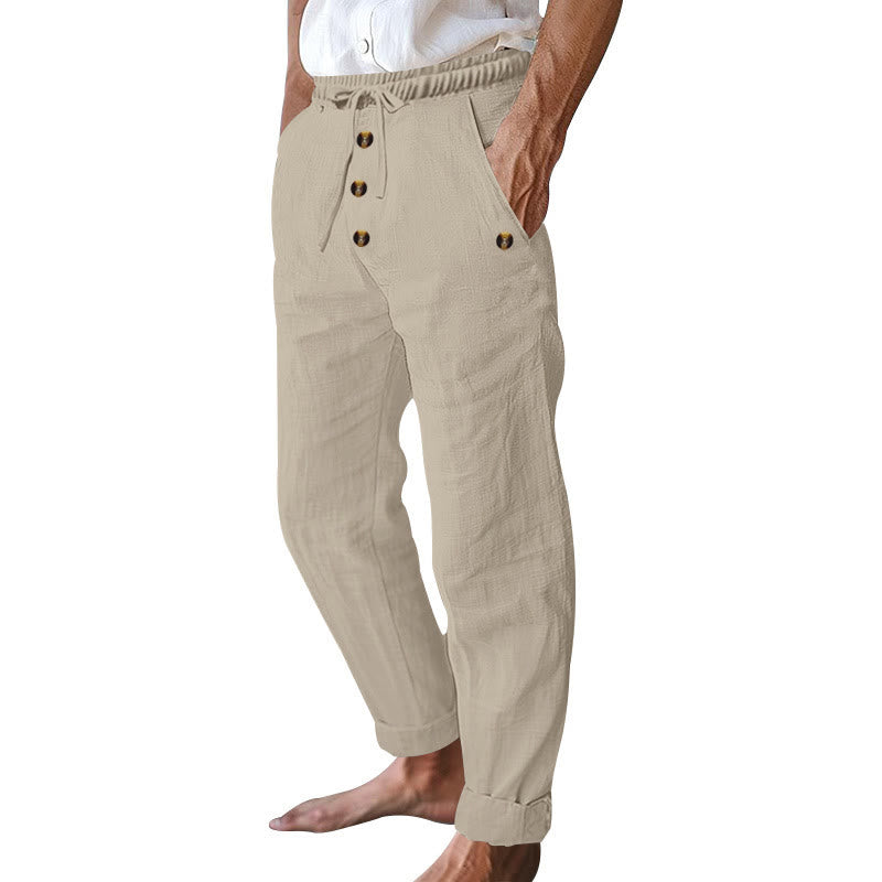 Pantalon en coton pour homme avec poches et boutons de couleur unie et cordon de serrage - image 37