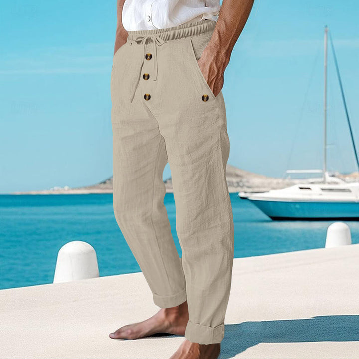 Pantalon en coton pour homme avec poches et boutons de couleur unie et cordon de serrage - image 35
