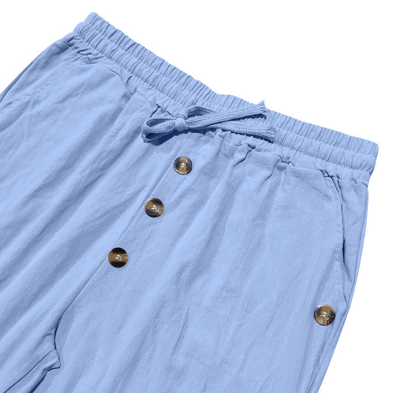 Pantalon en coton pour homme avec poches et boutons de couleur unie et cordon de serrage - image 45