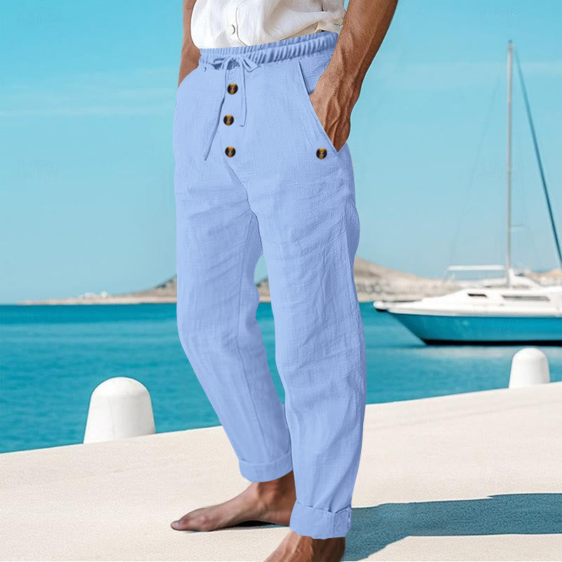 Pantalon en coton pour homme avec poches et boutons de couleur unie et cordon de serrage - image 42