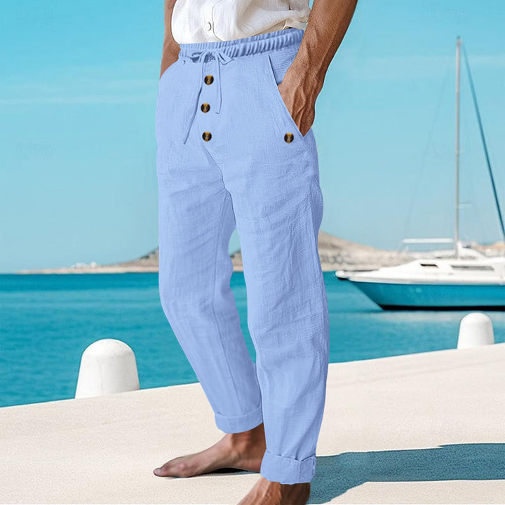 Pantalon en coton pour homme avec poches et boutons de couleur unie et cordon de serrage - image 42