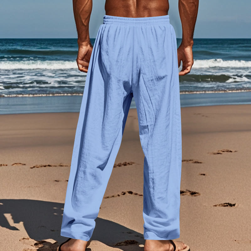 Pantalon en coton pour homme avec poches et boutons de couleur unie et cordon de serrage - image 43