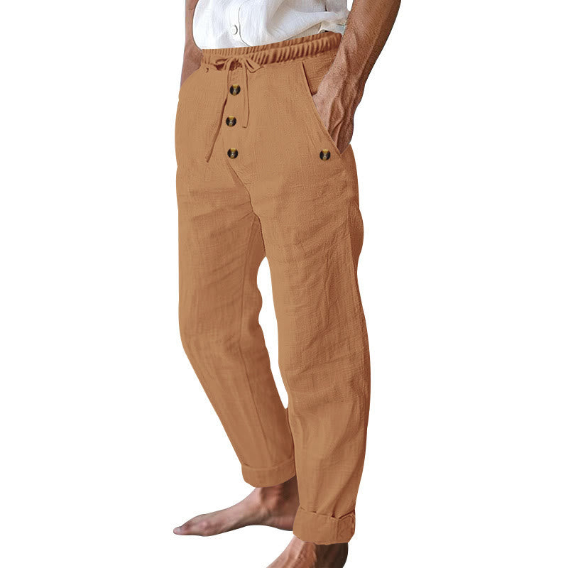 Pantalon en coton pour homme avec poches et boutons de couleur unie et cordon de serrage - image 51