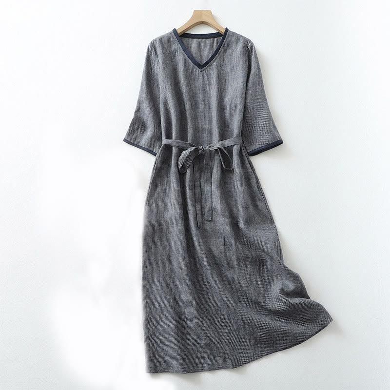 Robe midi bleu nuit en coton et lin à manches mi-longues et lacets Buddha Stones Commute avec poches - Bleu nuit - US8-10，UK/AU12-14，EU40-42 (2XL) - image 1