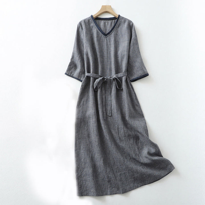 Robe midi bleu nuit en coton et lin à manches mi-longues et lacets Buddha Stones Commute avec poches - Bleu nuit - US8-10，UK/AU12-14，EU40-42 (2XL) - image 1