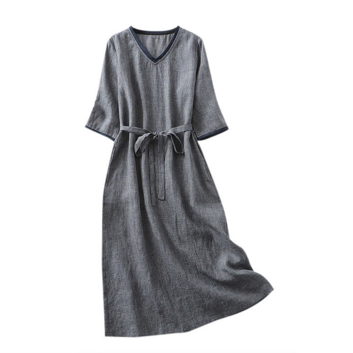 Robe midi bleu nuit en coton et lin à manches mi-longues et lacets Buddha Stones Commute avec poches - image 13