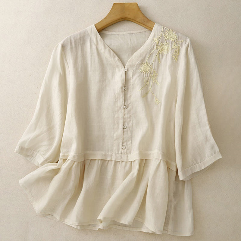 Chemise femme en coton à manches trois-quarts et boutons brodés sur le devant, motif Buddha Stones  - image 12