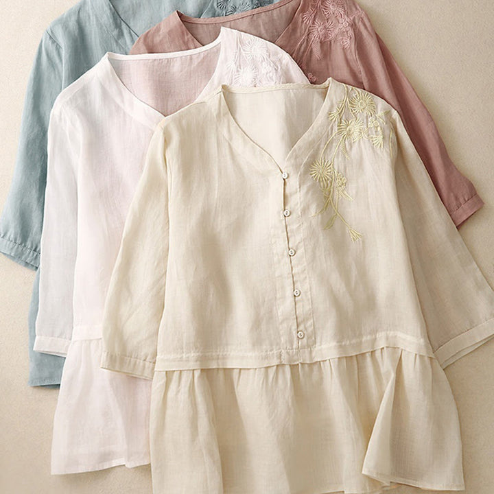 Chemise femme en coton à manches trois-quarts et boutons brodés sur le devant, motif Buddha Stones  - image 28