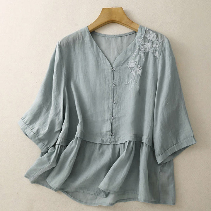 Chemise femme en coton à manches trois-quarts et boutons brodés sur le devant, motif Buddha Stones  - image 0