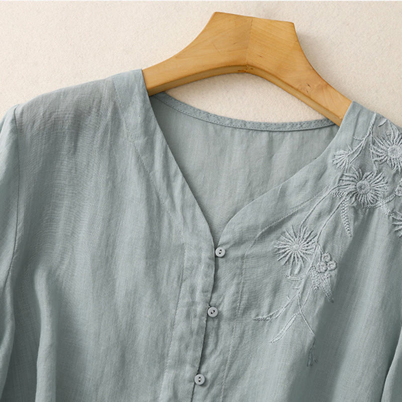 Chemise femme en coton à manches trois-quarts et boutons brodés sur le devant, motif Buddha Stones  - image 3