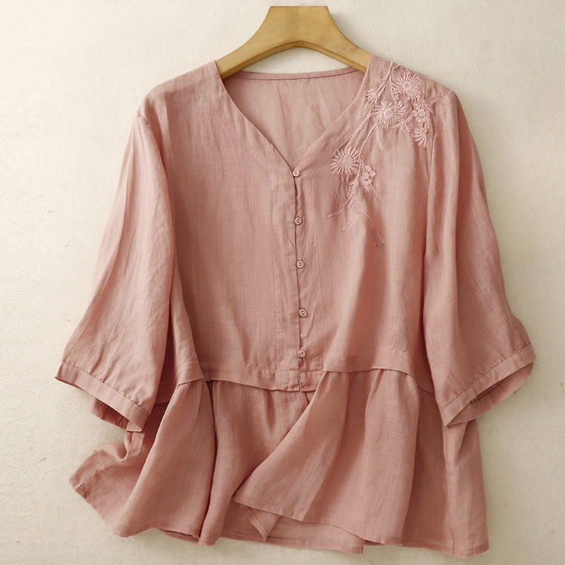 Chemise femme en coton à manches trois-quarts et boutons brodés sur le devant, motif Buddha Stones  - image 21