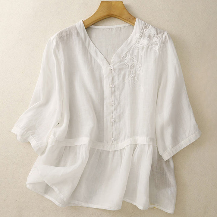 Chemise femme en coton à manches trois-quarts et boutons brodés sur le devant, motif Buddha Stones  - image 6