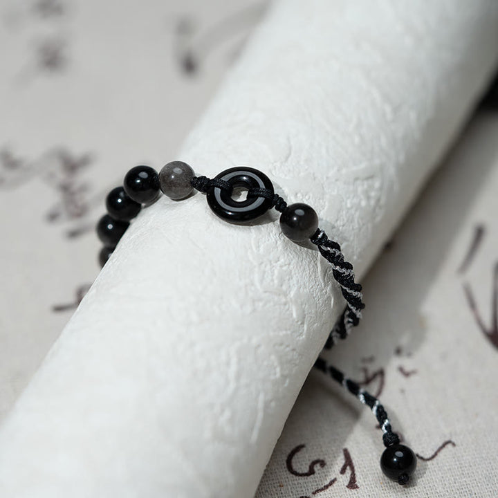 Bracelet en corde noire avec boucle de paix et Buddha Stones en obsidienne noire naturelle - image 3