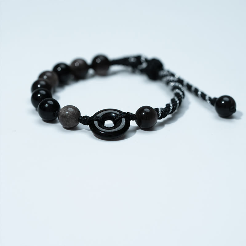 Bracelet en corde noire avec boucle de paix et Buddha Stones en obsidienne noire naturelle - image 2
