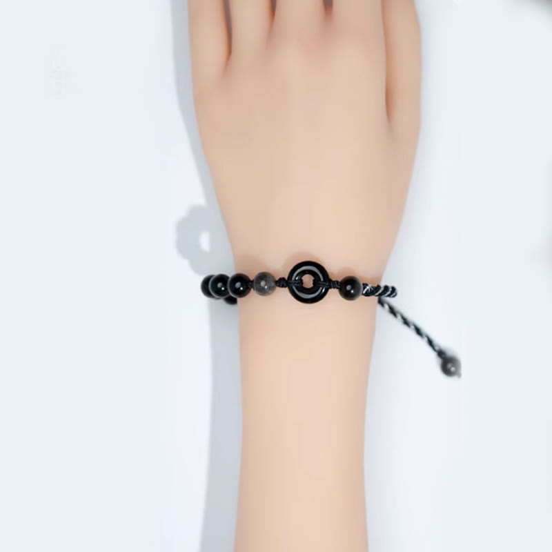Bracelet en corde noire avec boucle de paix et Buddha Stones en obsidienne noire naturelle - image 4