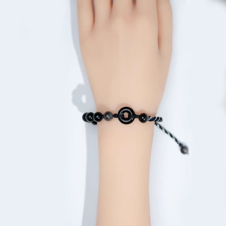 Bracelet en corde noire avec boucle de paix et Buddha Stones en obsidienne noire naturelle - image 4