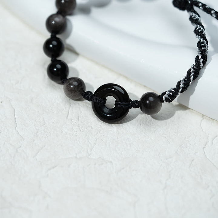 Bracelet en corde noire avec boucle de paix et Buddha Stones en obsidienne noire naturelle - image 9