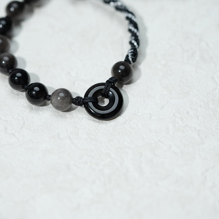 Bracelet en corde noire avec boucle de paix et Buddha Stones en obsidienne noire naturelle - image 5