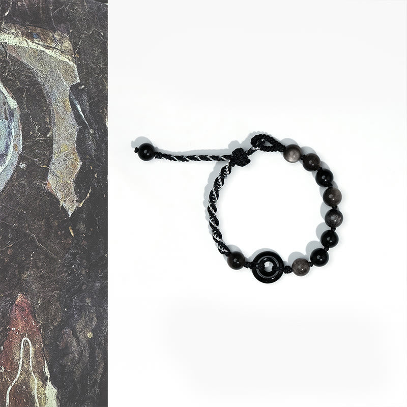 Bracelet en corde noire avec boucle de paix et Buddha Stones en obsidienne noire naturelle - Boucle de paix en obsidienne noire (tour de poignet : 15-22 cm) - image 1