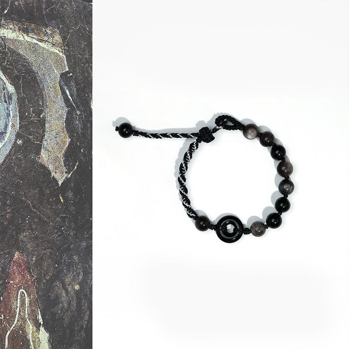 Bracelet en corde noire avec boucle de paix et Buddha Stones en obsidienne noire naturelle - Boucle de paix en obsidienne noire (tour de poignet : 15-22 cm) - image 1