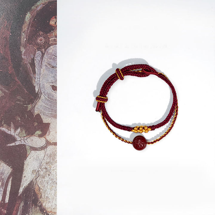 Bracelet de bénédiction tressé à huit brins en perles de cinabre et nœud en fleur de pêcher, Buddha Stones - Corde rouge et cinabre (tour de poignet : 15-22 cm) - image 1