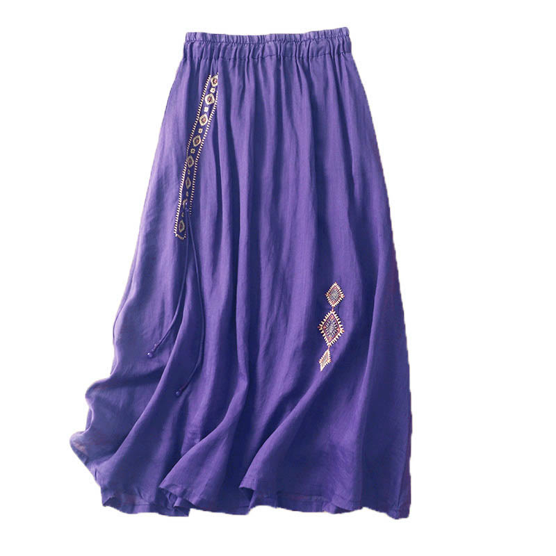 Jupe en coton et lin pour femme, motif Buddha Stones vintage avec broderies et boutons, longueur 7-8 - image 4