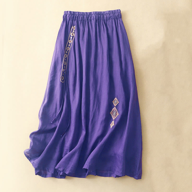 Jupe en coton et lin pour femme, motif Buddha Stones vintage avec broderies et boutons, longueur 7-8 - Violet foncé - US8-10，UK/AU12-14，EU40-42 (2XL) - image 0