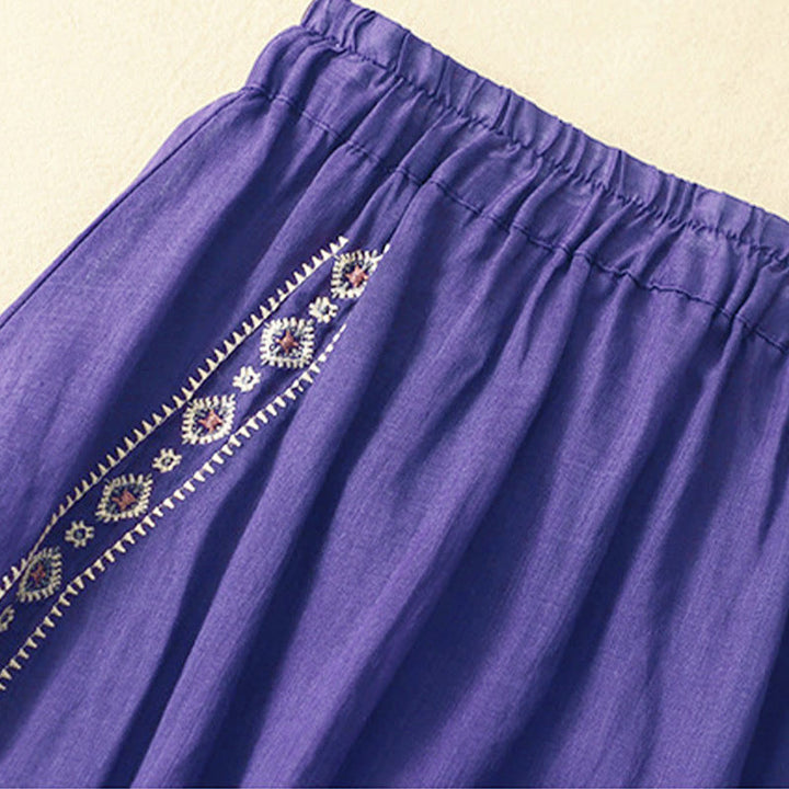 Jupe en coton et lin pour femme, motif Buddha Stones vintage avec broderies et boutons, longueur 7-8 - image 1