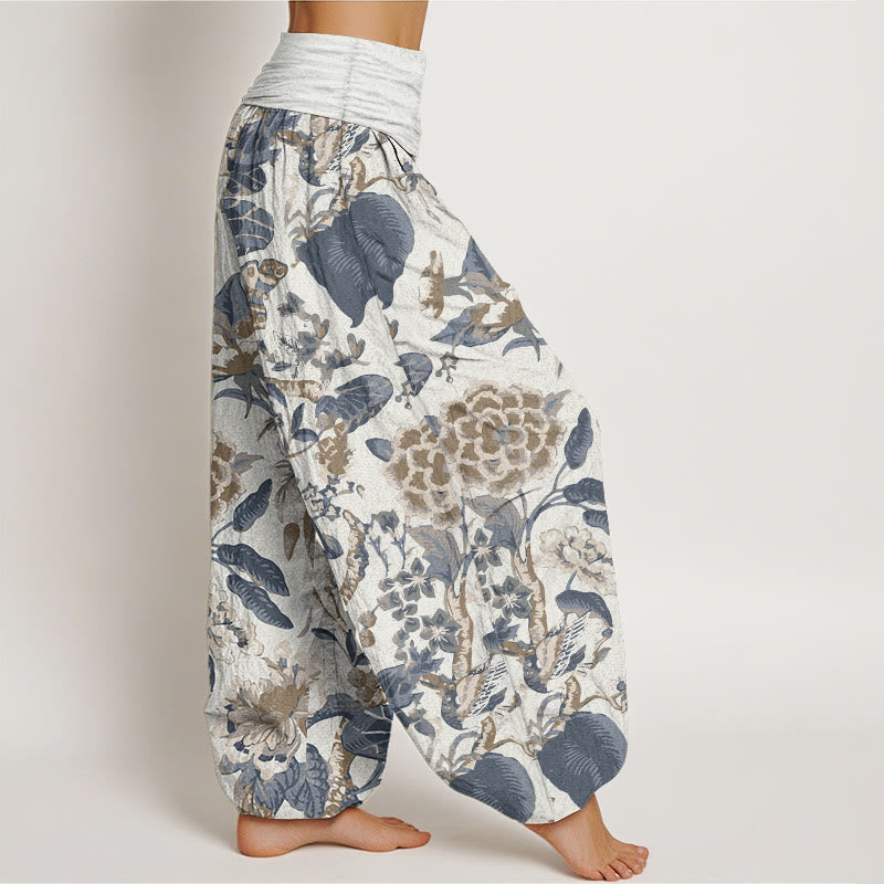 Pantalon Buddha Stones taille élastique pour femme en pur coton avec motif feuilles de lotus et pivoines - image 1