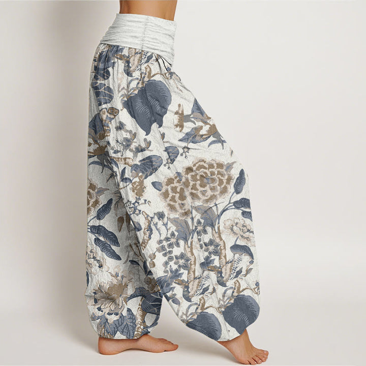 Pantalon Buddha Stones taille élastique pour femme en pur coton avec motif feuilles de lotus et pivoines - image 1