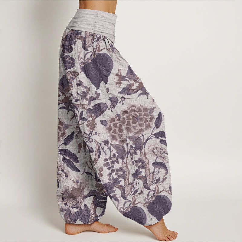 Pantalon Buddha Stones taille élastique pour femme en pur coton avec motif feuilles de lotus et pivoines - image 7