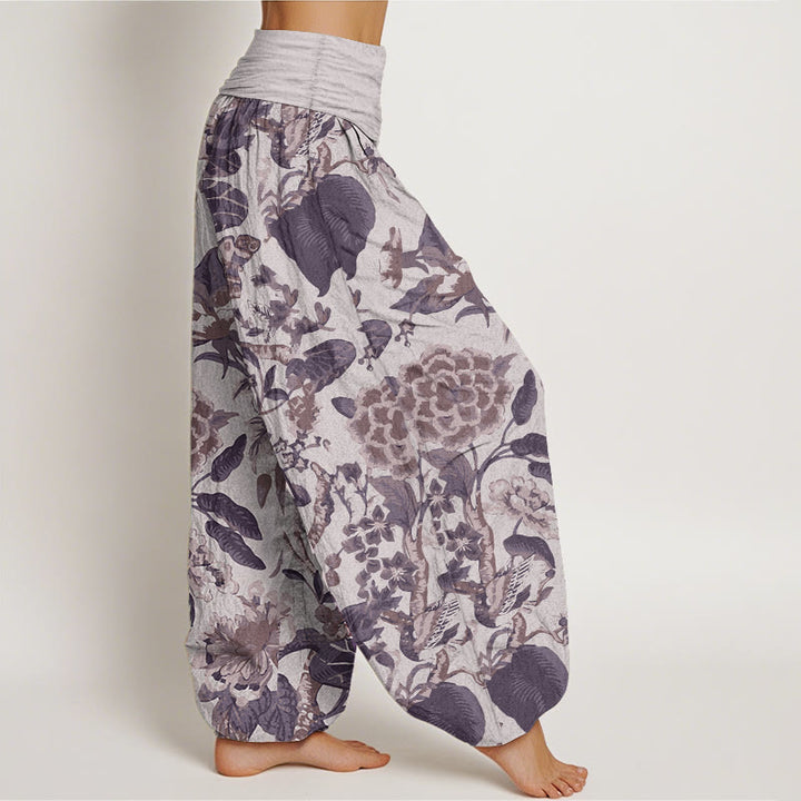 Pantalon Buddha Stones taille élastique pour femme en pur coton avec motif feuilles de lotus et pivoines - image 7