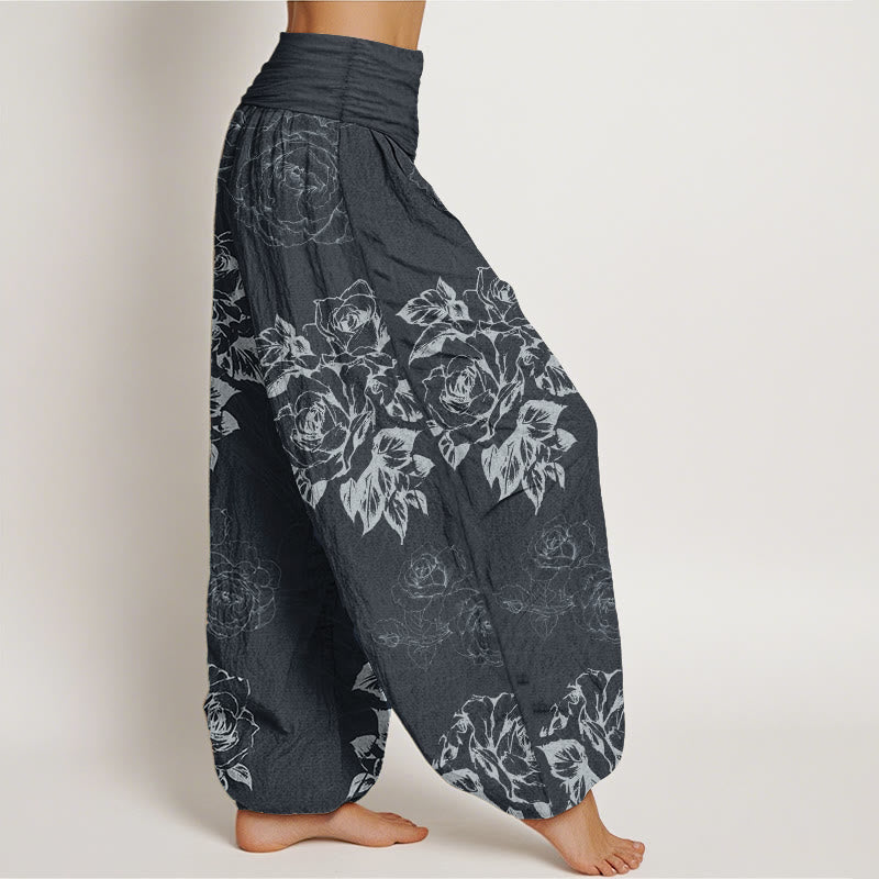 Pantalon sarouel décontracté en pur coton avec motif de pivoines roses et pierres de Buddha Stones pour femme, taille élastique