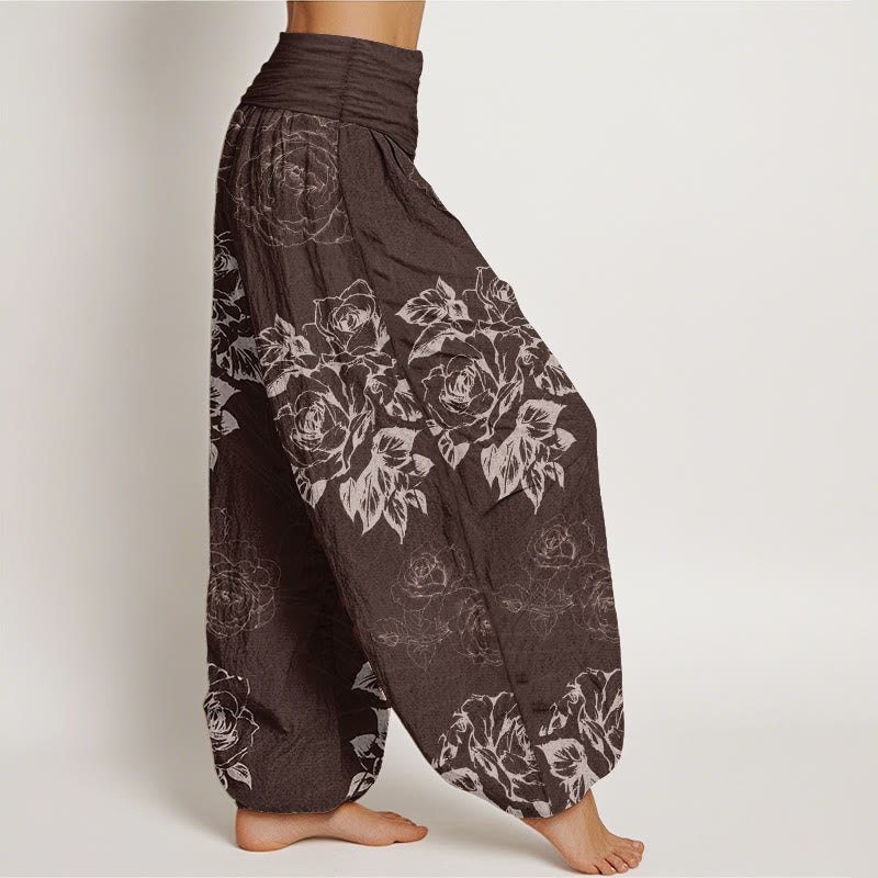 Pantalon sarouel décontracté en pur coton avec motif de pivoines roses et pierres de Buddha Stones pour femme, taille élastique