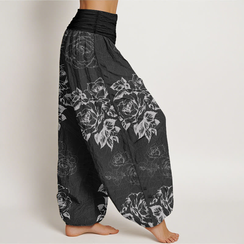 Pantalon sarouel décontracté en pur coton avec motif de pivoines roses et pierres de Buddha Stones pour femme, taille élastique