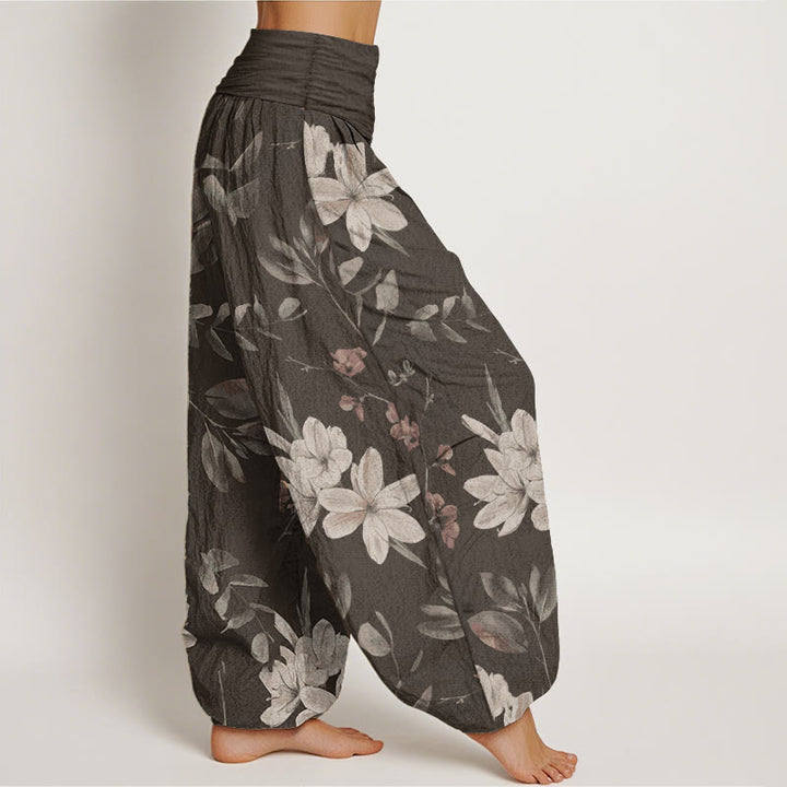 Pantalon sarouel décontracté en pur coton à motif floral et feuilles pour femme, taille élastique, Buddha Stones