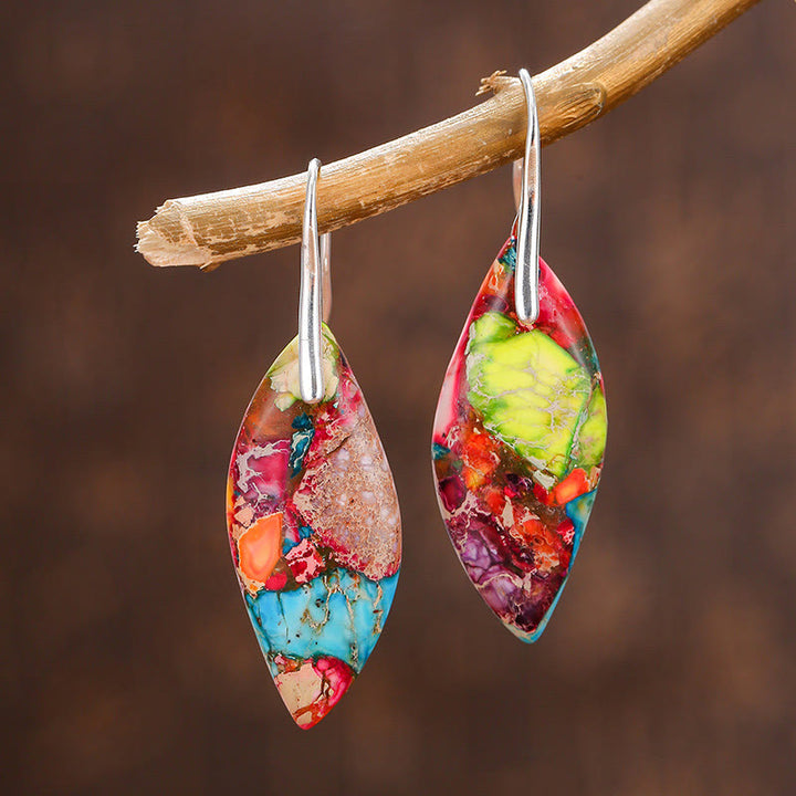 Boucles d'oreilles en forme de feuille et de goutte d'eau en pierre naturelle de l'empereur Buddha Stones - Pierre de l'Empereur Vert (poteaux en cuivre) - image 1