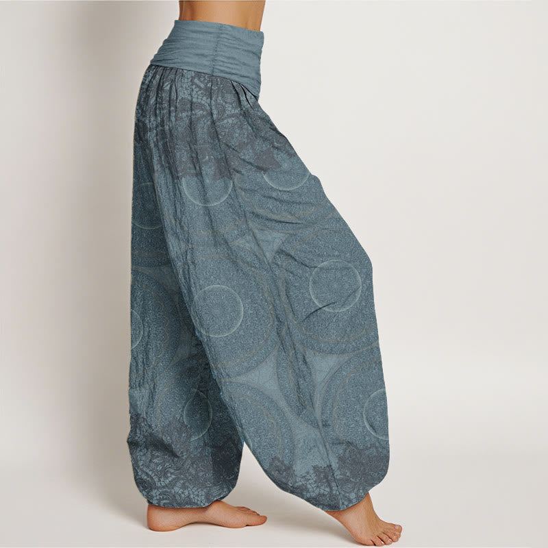 Pantalon sarouel décontracté en pur coton avec motif de fleurs et boussole pour femme, taille élastique, motif Buddha Stones