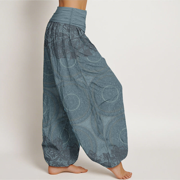 Pantalon sarouel décontracté en pur coton avec motif de fleurs et boussole pour femme, taille élastique, motif Buddha Stones