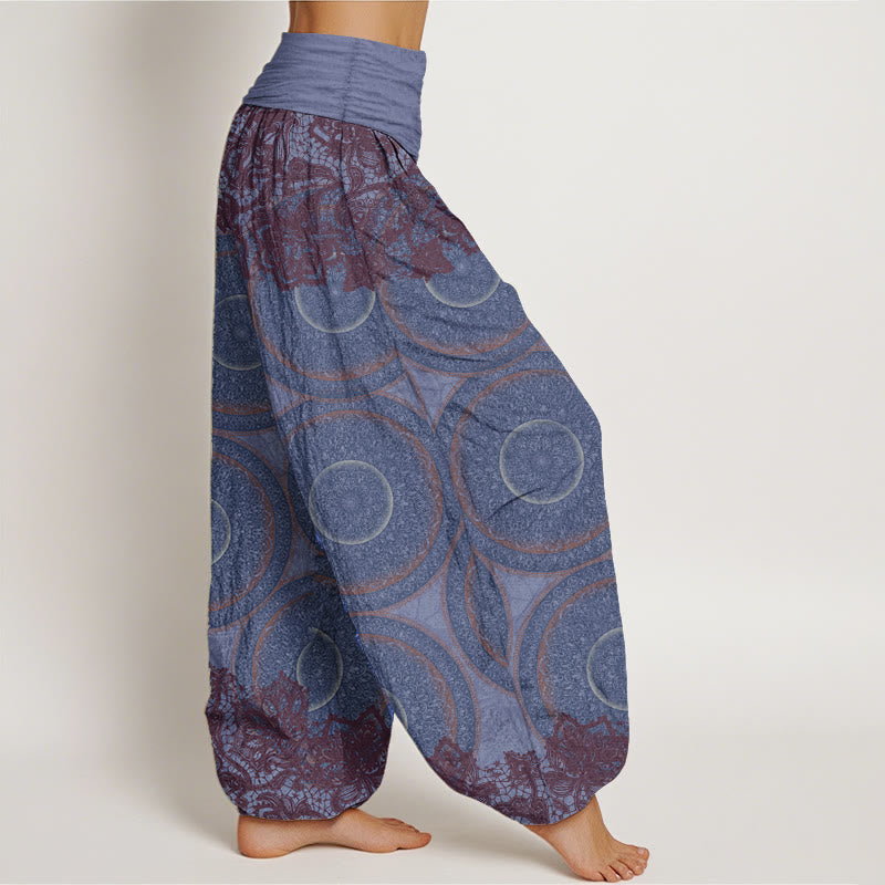 Pantalon sarouel décontracté en pur coton avec motif de fleurs et boussole pour femme, taille élastique, motif Buddha Stones