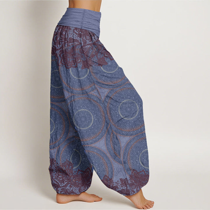 Pantalon sarouel décontracté en pur coton avec motif de fleurs et boussole pour femme, taille élastique, motif Buddha Stones