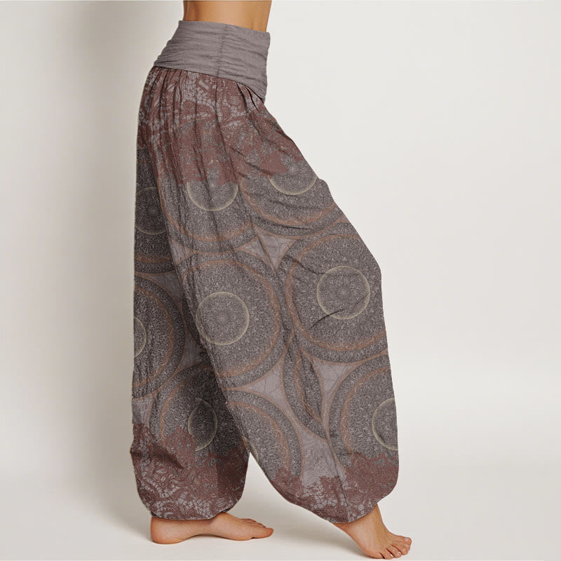 Pantalon sarouel décontracté en pur coton avec motif de fleurs et boussole pour femme, taille élastique, motif Buddha Stones