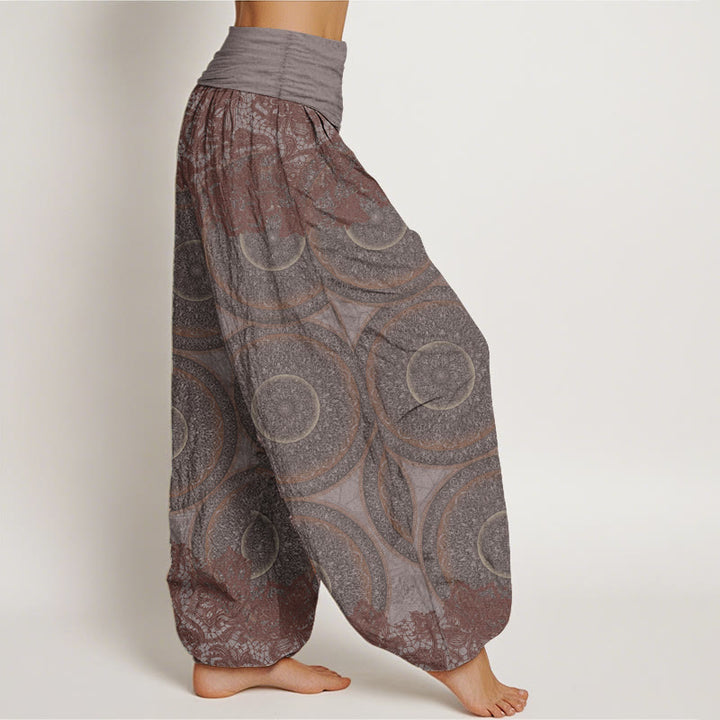 Pantalon sarouel décontracté en pur coton avec motif de fleurs et boussole pour femme, taille élastique, motif Buddha Stones