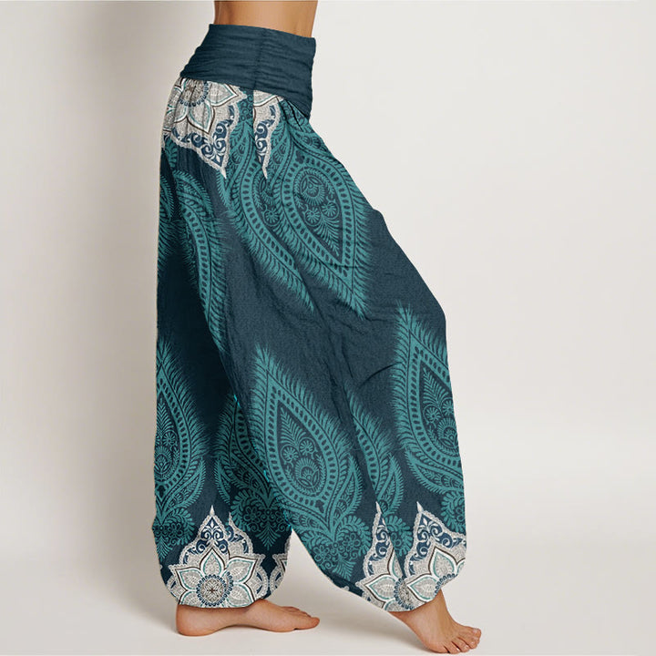 Pantalon Buddha Stones décontracté en pur coton avec motif de fleurs et plumes pour femme, taille élastique
