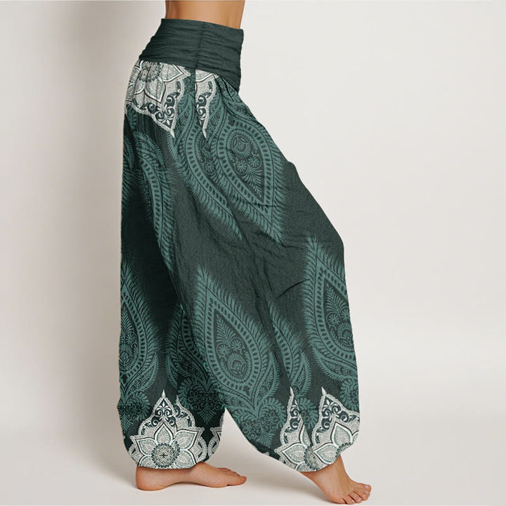 Pantalon Buddha Stones décontracté en pur coton avec motif de fleurs et plumes pour femme, taille élastique