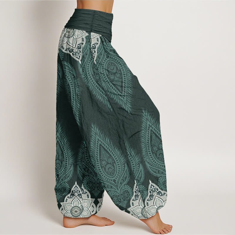 Pantalon Buddha Stones décontracté en pur coton avec motif de fleurs et plumes pour femme, taille élastique - image 6