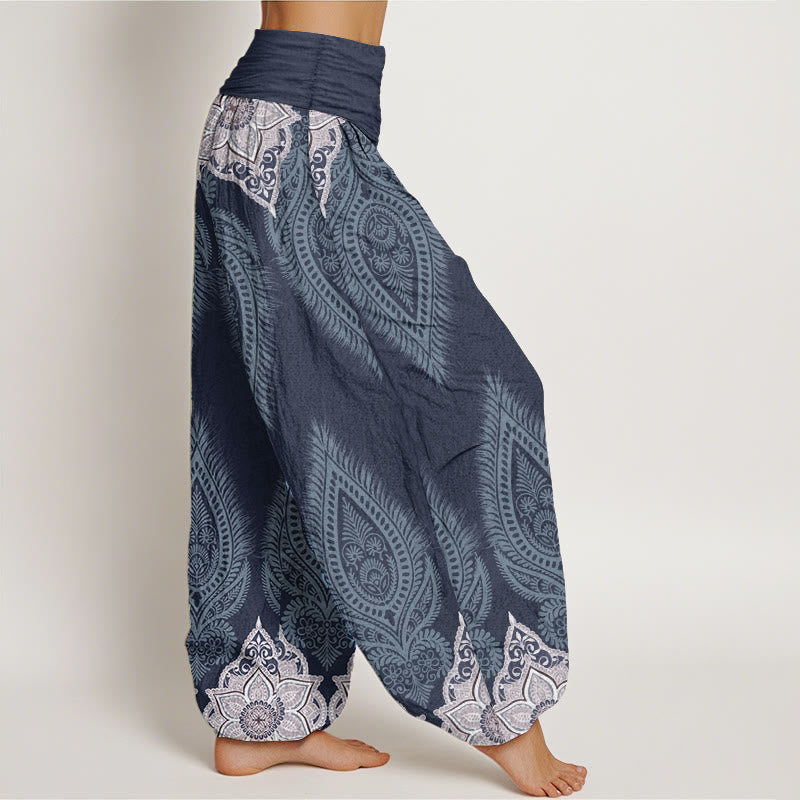 Pantalon Buddha Stones décontracté en pur coton avec motif de fleurs et plumes pour femme, taille élastique