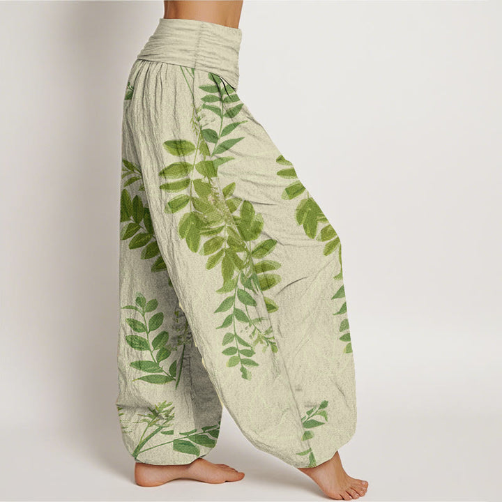 Pantalon sarouel taille élastique pour femme, motif Buddha Stones, pur coton, feuilles vertes et branches