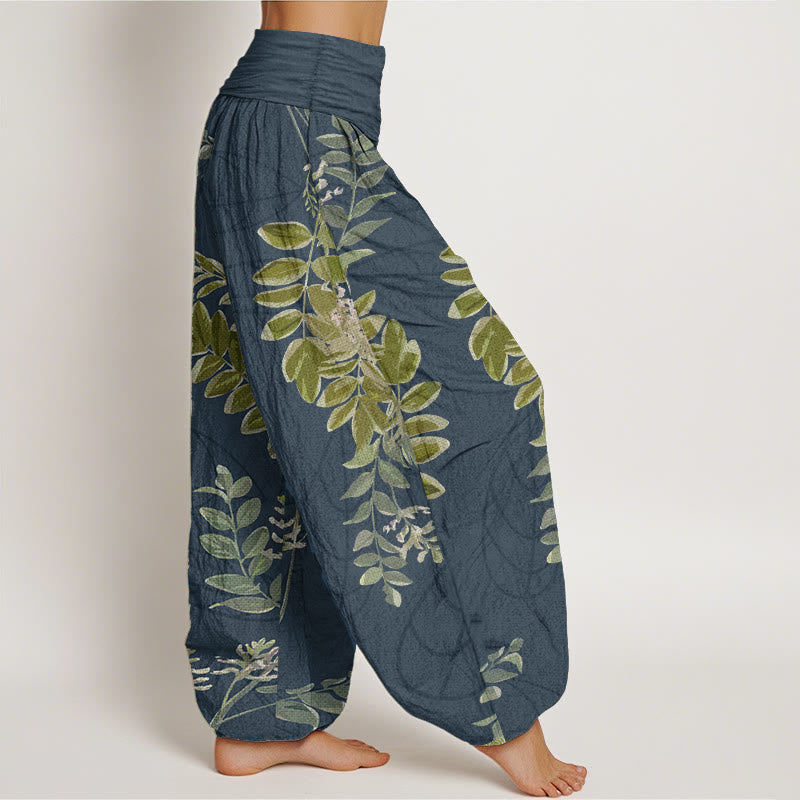 Pantalon sarouel taille élastique pour femme, motif Buddha Stones, pur coton, feuilles vertes et branches